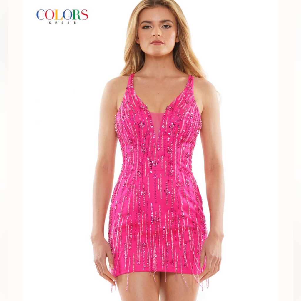 Colors Hot Pink Beaded Mesh V-Neck Fitted Mini Dress Size 8